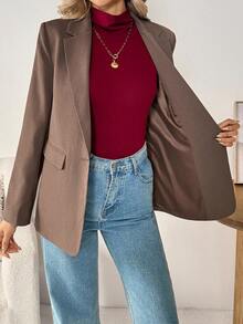 SHEIN LUNE 女士休闲露背口袋西装外套，摩卡棕色和紫色棕色西装外套女士女士西装外套棕色夹克女士秋冬西装外套 - 摩卡棕 - 查看 9