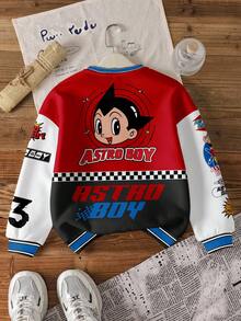 Astro Boy X SHEIN Moletom Térmica com Blocos de Cor, Letras e Gráfico de Desenho Animado, Casual para Meninos Pré-Adolescentes, Outono - Branco - Visão 2