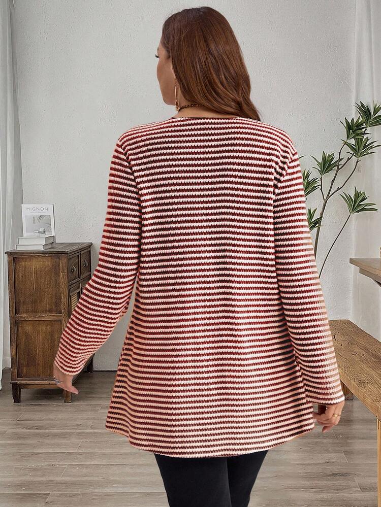 Plus Size Going Out TopsWomen Casual Striped Print Long Sleeve Loose T-Shirt, Winter Clothes For Women Striped Long Sleeve Winter Clothes For Women New Year Look  Stylish Clothing Collection Winter Tops For Women