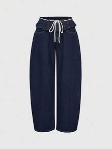 ROMWE Y2K Aesthetic Patchwork Frill Trim Dual-Waistband Women Super Low Waist Jeans - Blue - View 1