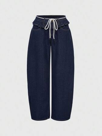 Jeans femme taille super basse avec double taille, patchwork et volants, style Y2K