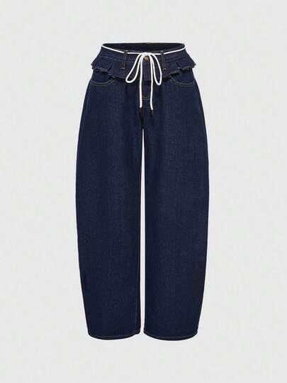 Y2K Aesthetic Patchwork Frill Trim Dual-Waistband Women Super Low Waist Jeans