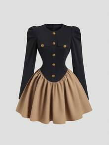 Sweetra 女装新款春秋通勤日常外出优雅古铜色金属扣泡泡袖收腰撞色拼接西装连衣裙半身裙 - 彩色 - 查看 1