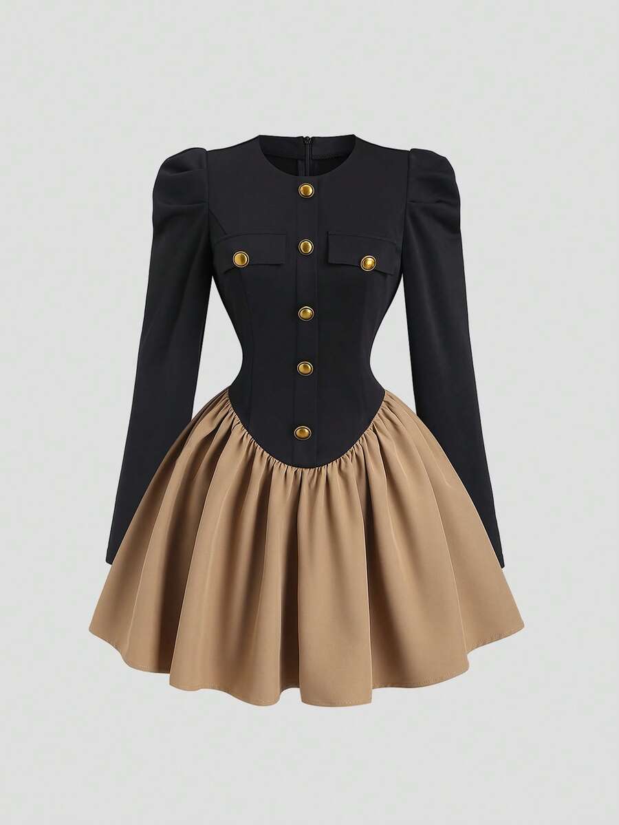 Sweetra 女装新款春秋通勤日常外出优雅古铜色金属扣泡泡袖收腰撞色拼接西装连衣裙半身裙 - 彩色 - 查看 1