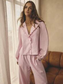 Aralina Christmas Thanksgiving Cosy Sleepwear 2pcs Striped Collared Ruffle Neck Long Sleeve Balloon Sleeve Button Down Shirt And Wide Leg Pants Matching Pajama Set, Cute Cozy Christmas Pajamas Fall Winter Clothes Pjs Pink - Pink - View 5