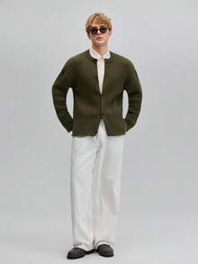 OFFICEAU 男士复古美式罗纹长袖毛衣，简约休闲纽扣开衫外套，秋冬款 - 綠色 - 查看 6