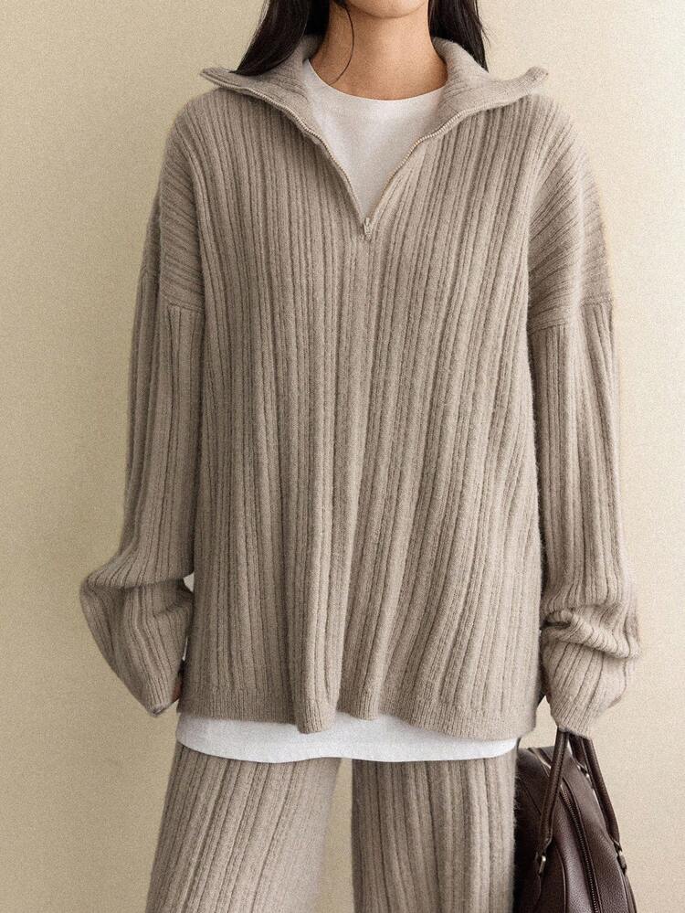 Women's Loose Business Casual Elegant Knit Sweater And Pants 2 Pieces Set, Autumn/Winter