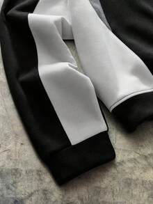 AXEPEAK Men Contrast Color Patchwork Pullover And Sweatpants Set, Cozy Outfits, Fall Clothes - Black - View 5