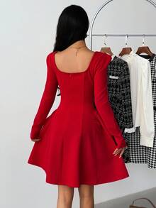 青少年女孩休闲优雅简约精致通勤日常新年方领褶皱A字长袖红色连衣裙，女孩红色连衣裙，茶会礼服，红色毕业礼服，圣诞派对，圣诞新年，生日派对 - 紅色 - 查看 2