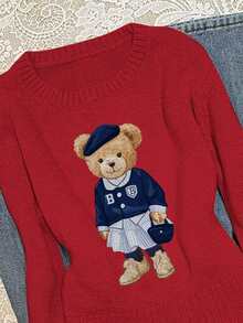 SHEIN EZwear Damen Lässig Pullover mit Cartoon Bär Muster, Rundhalsausschnitt, Langarm, geeignet für Herbst/Winter - Rot - Übersicht 6
