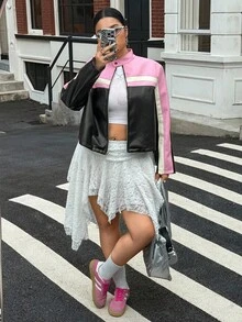 Muchica Plus Size Women Black & Pink Color Block Jacket, Autumn/Winter Y2k Jacket Women Jacket Racing Jacket Pink And Black Jacket Crop Top Jacket - Pink - View 4
