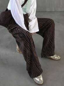 FRIFUL 女式休闲斑马纹松紧腰斜口袋宽松裤，秋季 - 棕色 - 查看 7