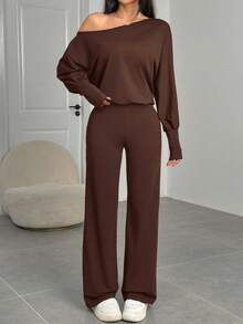 SHEIN EZwear 女士时尚休闲露肩长袖棕色连体裤，秋季 - 棕色 - 查看 4