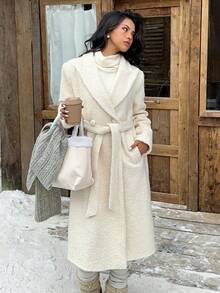 SHEIN EZwear 女士冬季感恩节外套，休闲百搭白色大衣，秋冬季 - 白色 - 查看 5