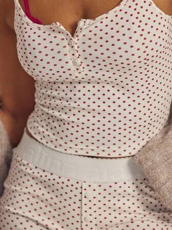 Aralina Sleepwear Women's Loungewear 2pcs Polka Dot Printed Button Up Cami Top And Mini Bike Shorts Matching Set , Cute Christmas Pajamas, Perfect For Christmas Thanksgiving Holiday At Home