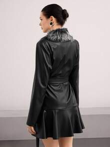 Heiryn Women's Casual Long Sleeve Waist Tie Blazer, Autumn/Winter Fur Jacket,Faux Fur - Black - View 7