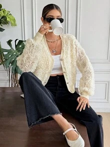 SHEIN Frenchy Cardigan élégant de couleur unie à fleurs 3D pour femmes, automne/hiver - Nude - View 5