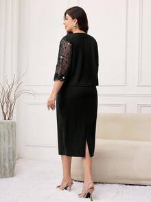 Modelyn Plus Size Sequin Embroidery Mesh Sleeveless Fitted Dress 2 Pieces Set Fall - Black - View 4