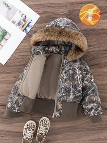 Young Girls Winter Hooded Faux Fur Collar Cinched Waist Padded Coat, Designer High Waist Ribbed Thick Sports Camouflage Digital Print Long Sleeve Fashionable Padded Coat - Army Green - View 3