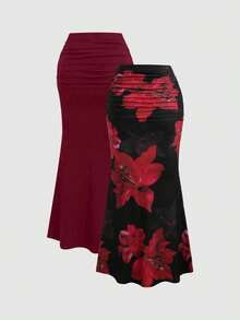 Sweetra 2件套女士优雅派对纯色美人鱼裙和花卉印花裙套装 - 紅色 - 查看 2