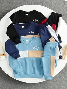 SHEIN Genkimix Kids 6 件套年轻男孩休闲运动学院街头时尚可爱大号字母三色运动衫 + 裤子，适合日常穿着、上学、外出、运动、春秋季 - 彩色 - 查看 1