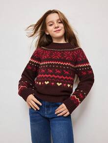SHEIN Tween Girl Snowflake Pattern Long Sleeve Casual Sweater, Autumn/Winter - Coffee Brown - View 3