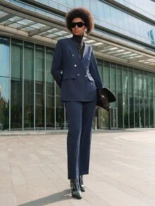 Lumivelle 2 件套高端西装套装，长袖夹克和裤子，专业通勤装 - 藏蓝色 - 查看 1