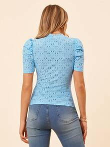 Coeurva Eyelet Embroidery Puff Sleeve Mock Neck Tee - Baby Blue - View 2
