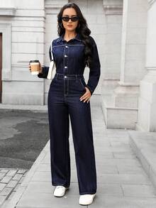 EMERY ROSE 女士时尚休闲牛仔连体裤 - 藍色 - 查看 5