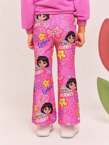 DORA | SHEIN Young Girl Cute Casual Cartoon & Floral Print Knit Pink Flared Leggings - Pink - View 2