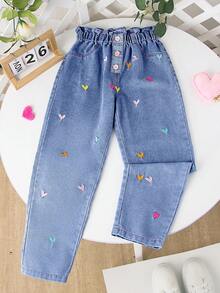 Sparklyn Jeansy dla dziewcząt w stylu Y2K, lekkie, z haftowanym serduszkiem i luźnym pasem, idealne do noszenia na co dzień, minimalistyczne i modne - Średni jeans - Zobacz 7