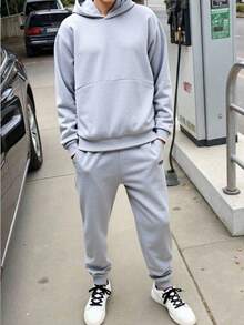 SHEIN Teenager Boys'Casual Streetwear Hoodie And Sweatpants Set,Autumn Back-To-School Graduation 2 Piece Solid Embroidery Tracksuit Jogging Clothes - Light Grey - View 4