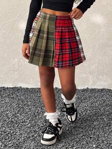 Coolane Kids Tween Girls Fall/Winter Streetwear/Chic/Cute/Plaid/Essentials Pleated Mini Casual Skirt,Parent-Child Clothing,Halloween ,Christmas,New Year,Party,Elegant,Plaid Skirt ,Red Skirt - Multicolor - View 5
