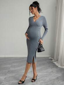 SHEIN Maternity V-Neck Slit Hem Fitted Knit Dress, Suitable For Daily Commute - Grey - View 4