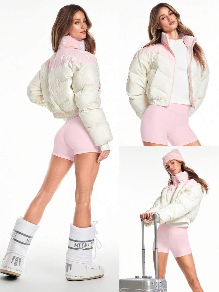 Chic In Warmth Chill Crush Shiny Matte Finish Wind-Resistant Neckline Cuffs Zipper Pockets Cropped Puffer Jacket Autumn Winter Outdoors Snow Ski Daily Casual Wear