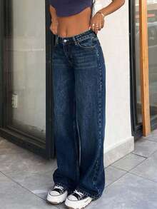 SHEIN Tall 100% Cotton Low Waist Wash Detailed Wide Leg Jean - Light Wash - View 8