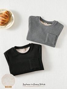 Cozy Pixies 2pcs Young Boy Decorative Jacquard Knit Soft Crew Neck Long Sleeve Pullover Tee Set - Grey - View 5
