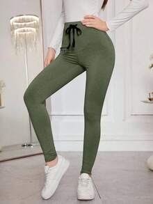 Modelyn 纯色抽绳紧身弹力打底裤收腹打底裤女式打底裤高腰打底裤女式运动打底裤 - 軍綠色 - 查看 5