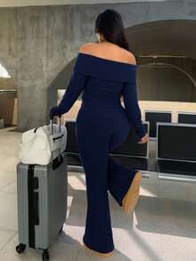 SHEIN EZwear Conjunto de 2 piezas de talla grande casual y de uso doméstico, minimalista, con hombros descubiertos y acanalado - Azul Marino - Ver 2