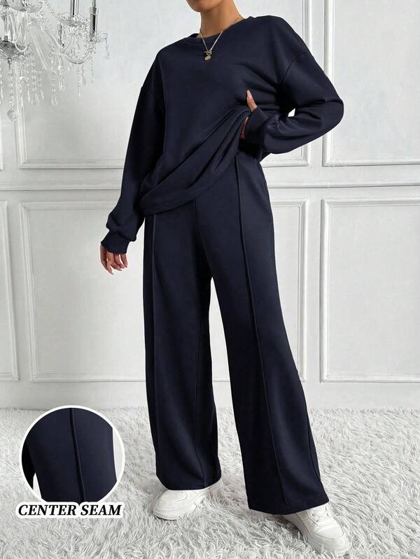 SHEIN Tall 2-Piece Minimalist Streetwear Sweatsuit For Women, Round Neck Top And Wide Leg Sweatpants Set, 2025 Autumn New Arrival 2-Piece Oversized Loose Solid Color Round Neck Sweatshirt And Sweatpants Set, Unisex Casual High Street Sportswear, 2025 Spring Autumn Christmas Pajamas Family