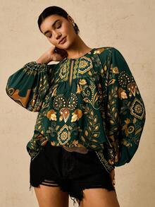 Travachic Áo cánh tay dài cổ tròn họa tiết nhiệt đới và họa tiết cỡ lớn dành cho nữ - Màu xanh lá cây đậm - Xem 4