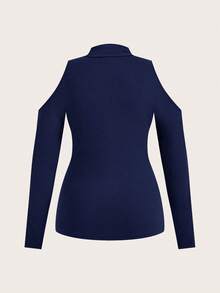 EMERY ROSE Casual Plus Size Solid Color Minimalist Long Sleeve Turtleneck T-Shirt, Everyday Wear Fall - Navy Blue - View 3