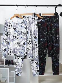 4pcs/Set Teenage Boys' Football & Game Print Long Sleeve Top And Long Pants Snug Fit Loungewear Set - Multicolor - View 3