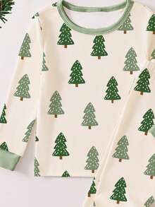 1 Set Young Boys Christmas Tree Print Snug Fit Pajama Set, Long Sleeve Top And Pants, Elastic Fabric, Suitable For Daily Wear Toddler Boy Pj Sets Kids Pj Sets Young Boy Pajama Set 2 Piece Pajamas Kids Christmas Pajama Tight Fit Snug Fit Pajamas - Apricot - View 4