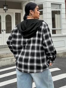Muchica 大码女式格子落肩长袖连帽休闲前扣宽松夹克，黑色黑白格子衬衫格子衬衫格子连帽衬衫法兰绒衬衫夹克格子上衣秋冬 - 黑色 - 查看 5
