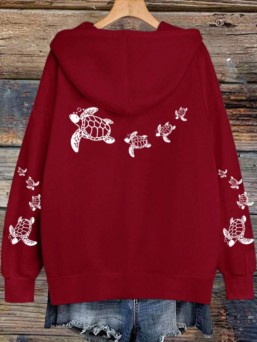 SHEIN EZwear 女士休闲简约酒红色卫衣，饰有海龟印花，适合秋冬季穿着 - 彩色 - 查看 1