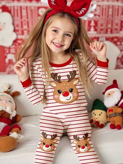 SHEIN 圣诞系列酒红色条纹，可爱圣诞卡通驯鹿图案，少女休闲简约舒适厚实柔软圆领长袖上衣T恤和裤子睡衣套装，适合秋冬日常穿着，圣诞派对，居家