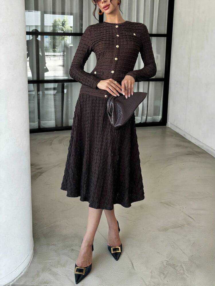 Lavishia Mocha Brown Textured Knit Bodycon Midi Dress, Fashionable & - Brown - View 3