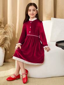 1 件女童舒适优雅荷叶边蕾丝领纽扣前下摆蕾丝花边长袖公主裙，适合秋冬季、节日、圣诞节、新年派对 - 彩色 - 查看 4