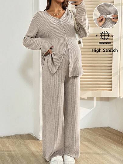SHEIN 2pcs Maternity Casual Solid Color Button Front Top And Pants Set, Autumn Knit Two Piece Set Two Piece Set Women Comfy Modest Two Piece Set Maternity Clothes Two Piece Suits Comfortable Two Piece Set